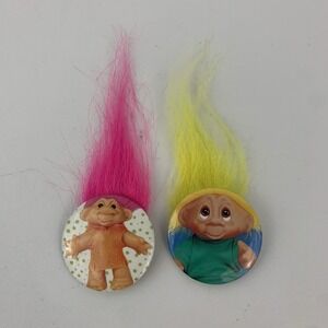 Vintage 1991 Norfin's Troll Doll Pin Button Pink Yellow Hair